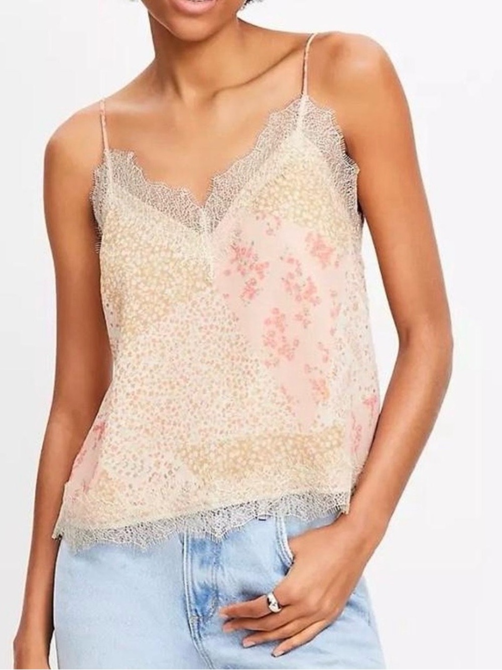 LOFT Pink Floral Lace-Trim Camisole
